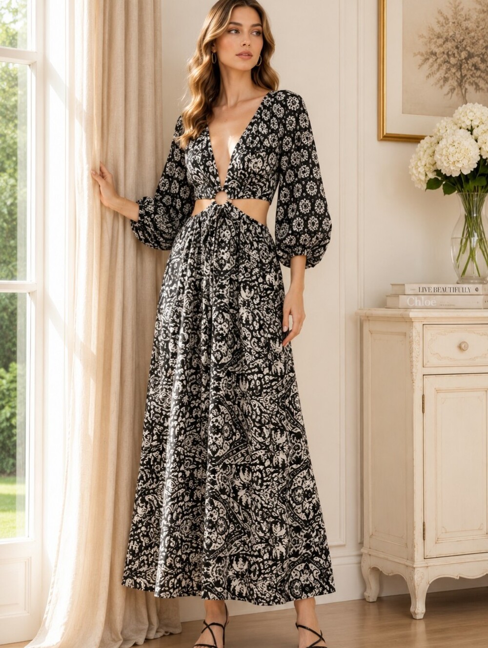 Abercrombie And Fitch Black and White Cutout Tie Back Maxi Medium Dress Long - Picture 1 of 13